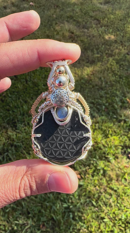 Sacred Shungite ✨ Moonstone 🌓 Flower of Life Sterling Silver & 14k Gold Fill Pendant 🪬 EMF Protection 📵🛜📵