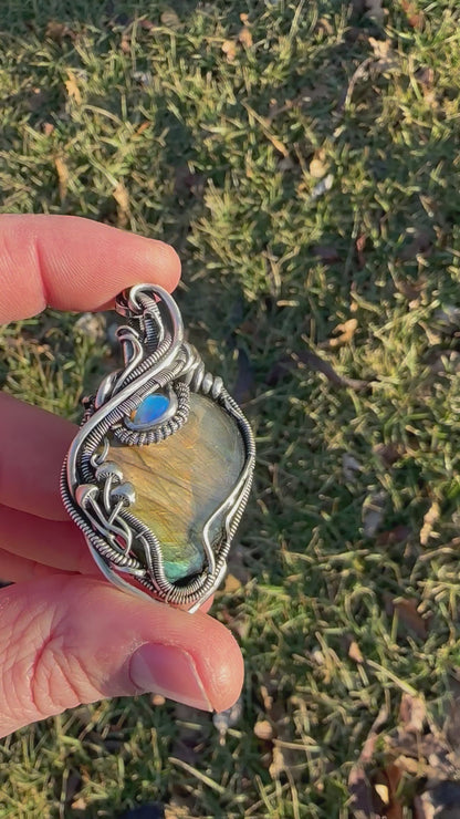 SOLD - Labradorite & Moonstone Wire Wrapped Pendant with Mushroom Accents - #2