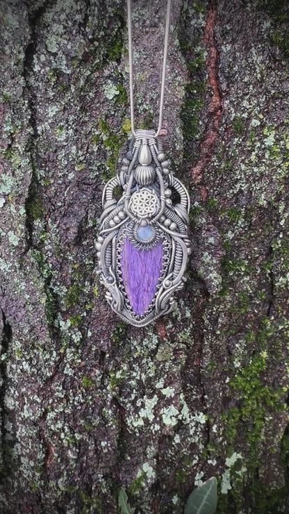 Flower of Life Purple Charoite & Moonstone Pendant