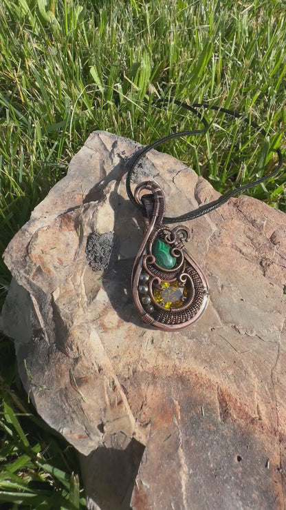 Malachite + Golden Citrine Diamond Pendant