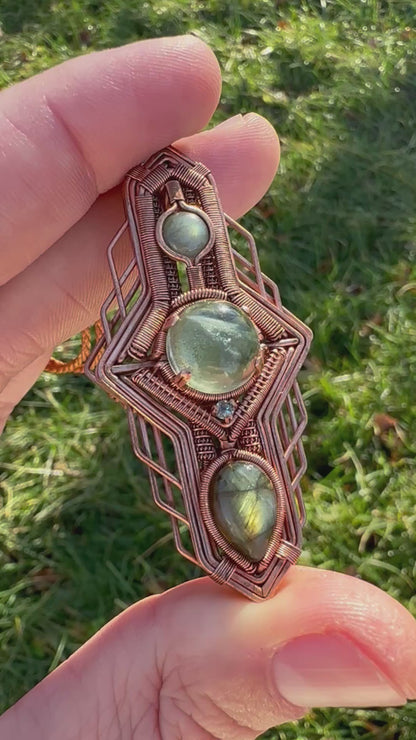 Portal Talisman 🪬 🕳️🛸👽 Copper Tech Key Pendant, Labradorite & Lodolite Crystals