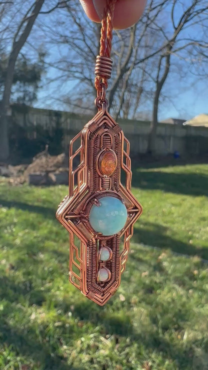 Portal Talisman 🪬 🕳️🛸👽 Copper Tech Key Pendant, Sunstone, Larimer & Opals