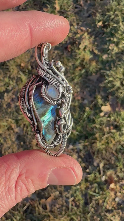 SOLD - Labradorite & Moonstone Wire Wrapped Pendant with Mushroom Accents - #4