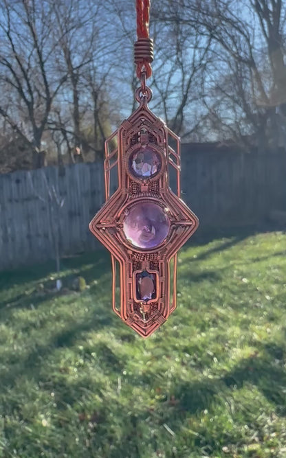 Portal Talisman 🪬 🕳️🛸👽 Copper Tech Key Pendant, Triple Amethyst Crystals