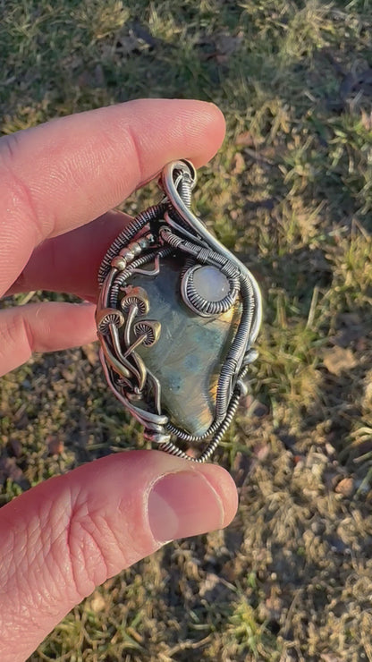 SOLD - Labradorite & Moonstone Wire Wrapped Pendant with Mushroom Accents - #3