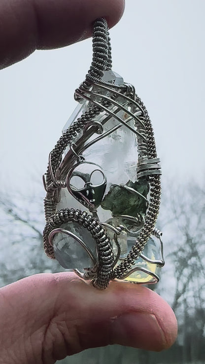 Alien 👽 Frequencies 📡 The Outer Realm: Moldavite, Opal, Blue Calcite, Clear Quartz 100% .925 Sterling Silver Pendant