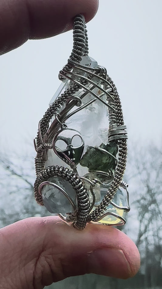 Alien 👽 Frequencies 📡 The Outer Realm: Moldavite, Opal, Blue Calcite, Clear Quartz 100% .925 Sterling Silver Pendant